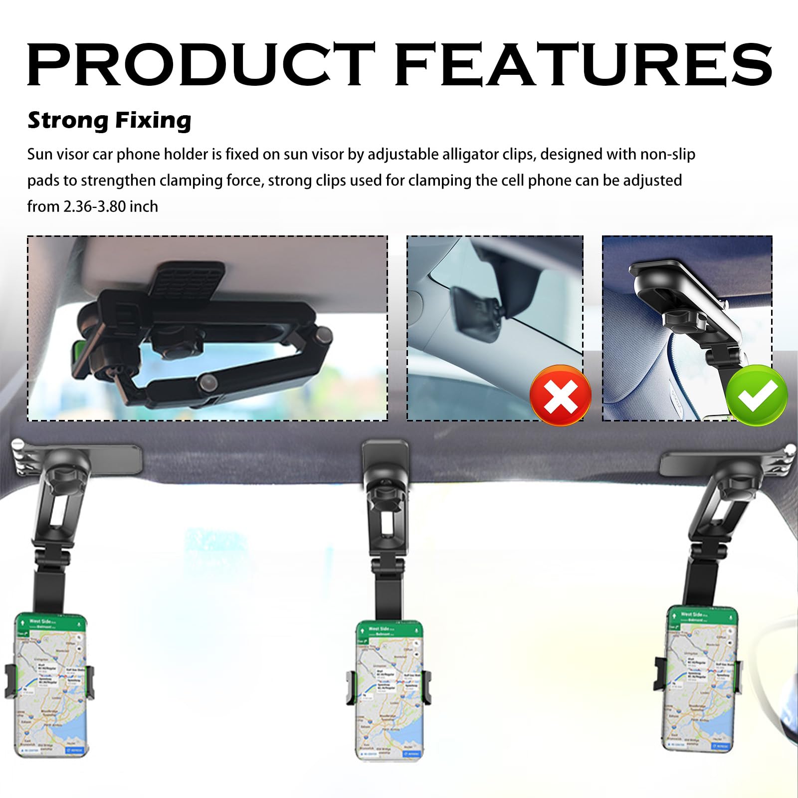 Sun Visor Phone Holder for Car,360° Swivel Adjustable Sunvisor Phone Holder for Car for Easily Phones Checking,Foldable Cars Phones Holders with 180° Retractable Arm 3
