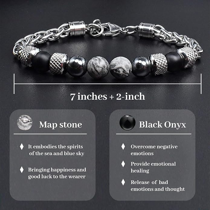 Pulsera para hombre de cuentas en acero inoxidable y piedra natural miniatura 3