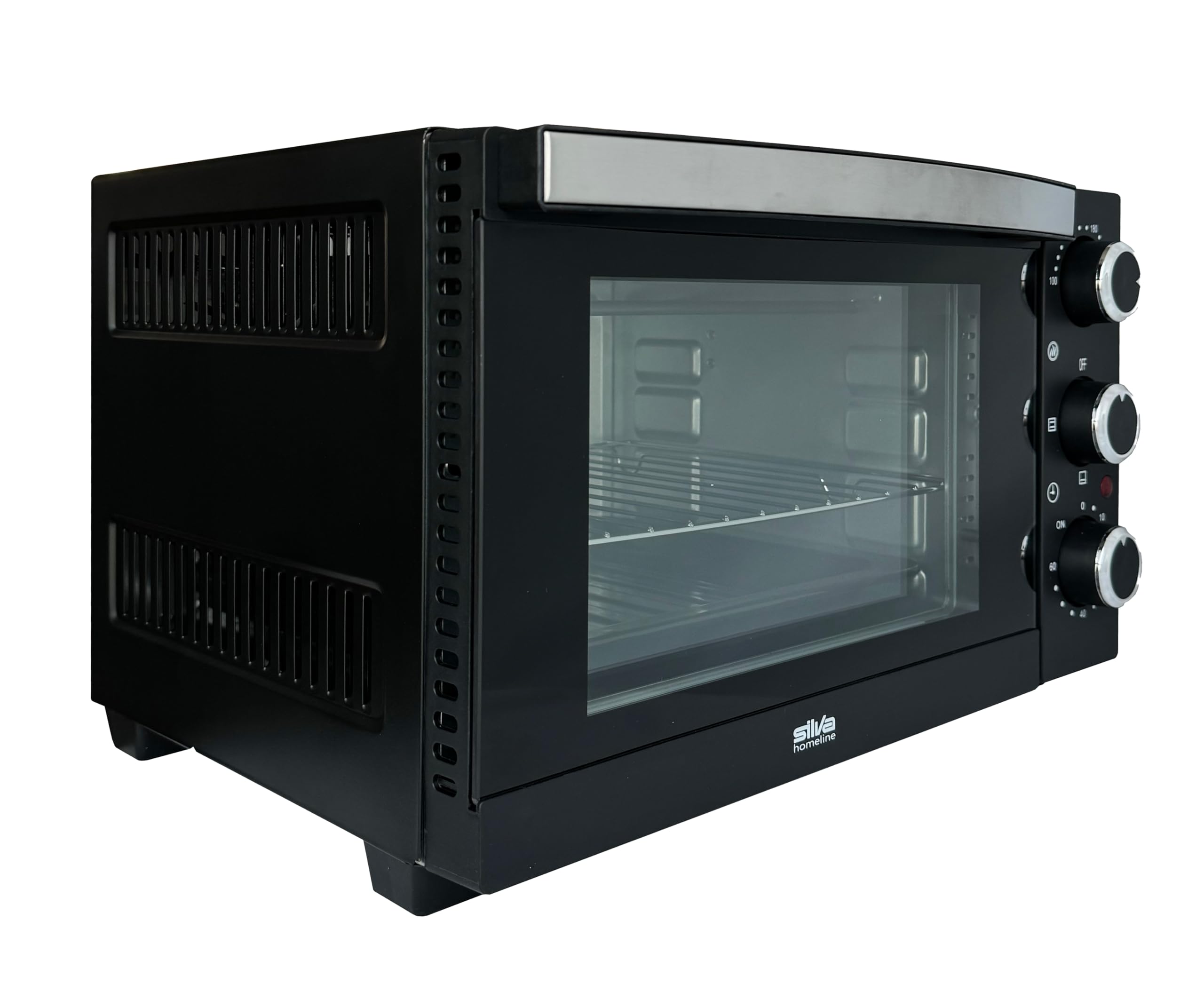 Silva Schneider MB 1600 Minibackofen, 15 L, schwarz, 1200 Watt, Temperaturr. 100-230 °C, Timer, 4 Stufen-Regler, Edelstahlheizelemente, Doppelglastür, emailliertes Back-/Krümelblech, Backrost & Griff