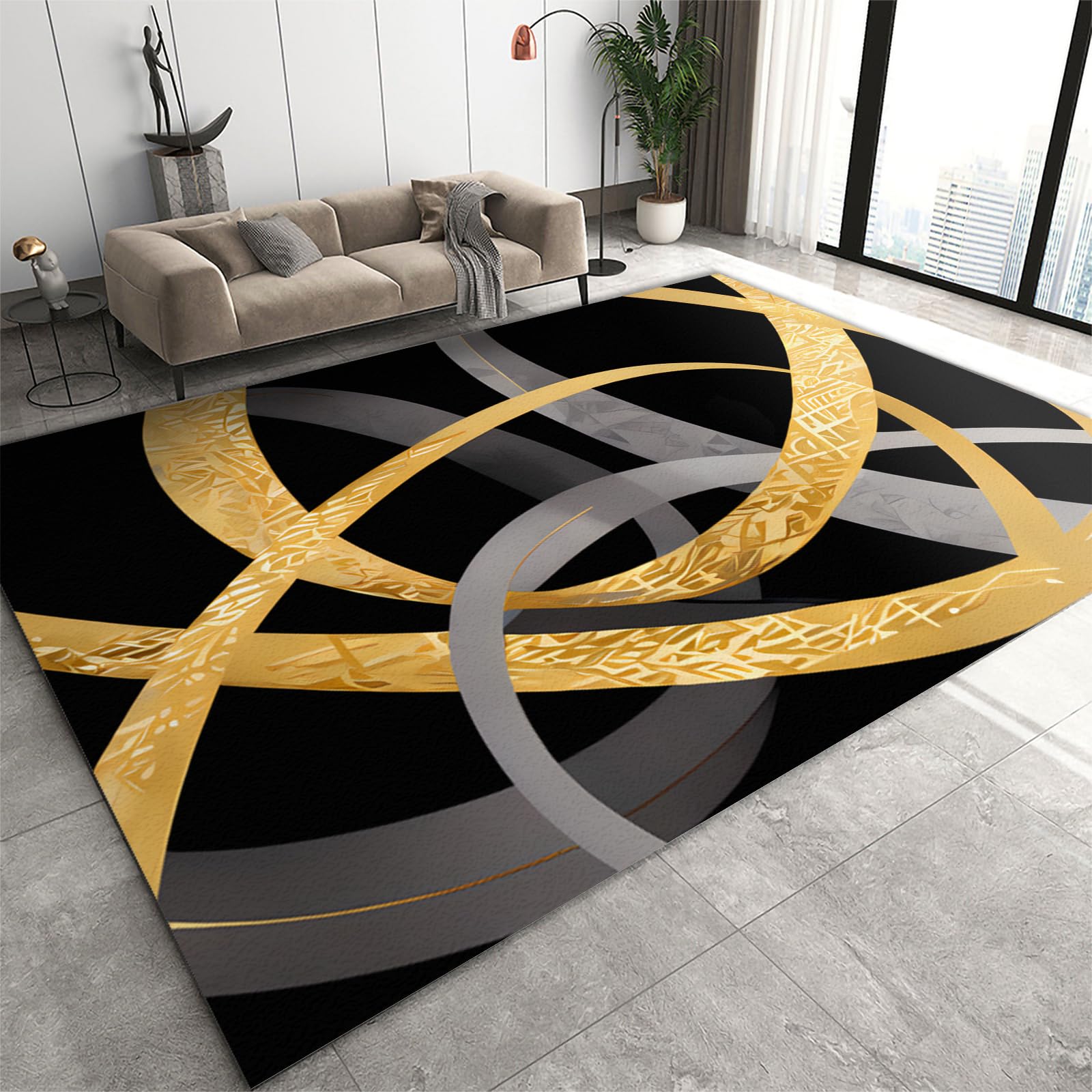 Abstract Irregular Curves Area Rug, Black and Gold Geometric Lines Large Area Rug, with Non Slip Backing Washable Carpet for Living Room Bedroom Study