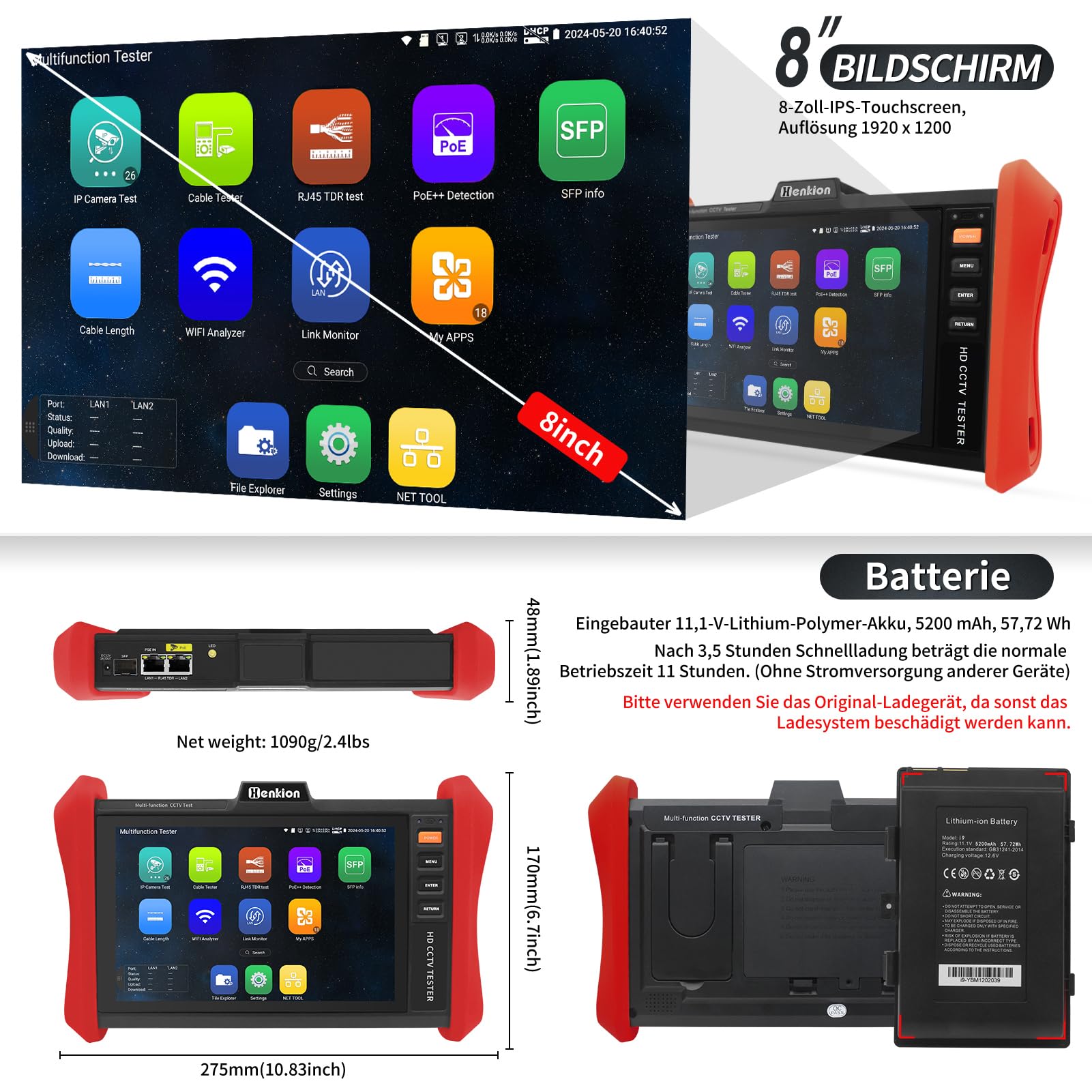 Henkion CCTV-Tester Monitor 4K 12MP ip kamera tester POE++ Max. 90W POE-Kameratest 8" 1920x1200 IPS-Touchscreen 1CH SFP-Modul WLAN-Netzwerk-Tools Kabeltest POE-Erkennung Energiemanagement App-Updates