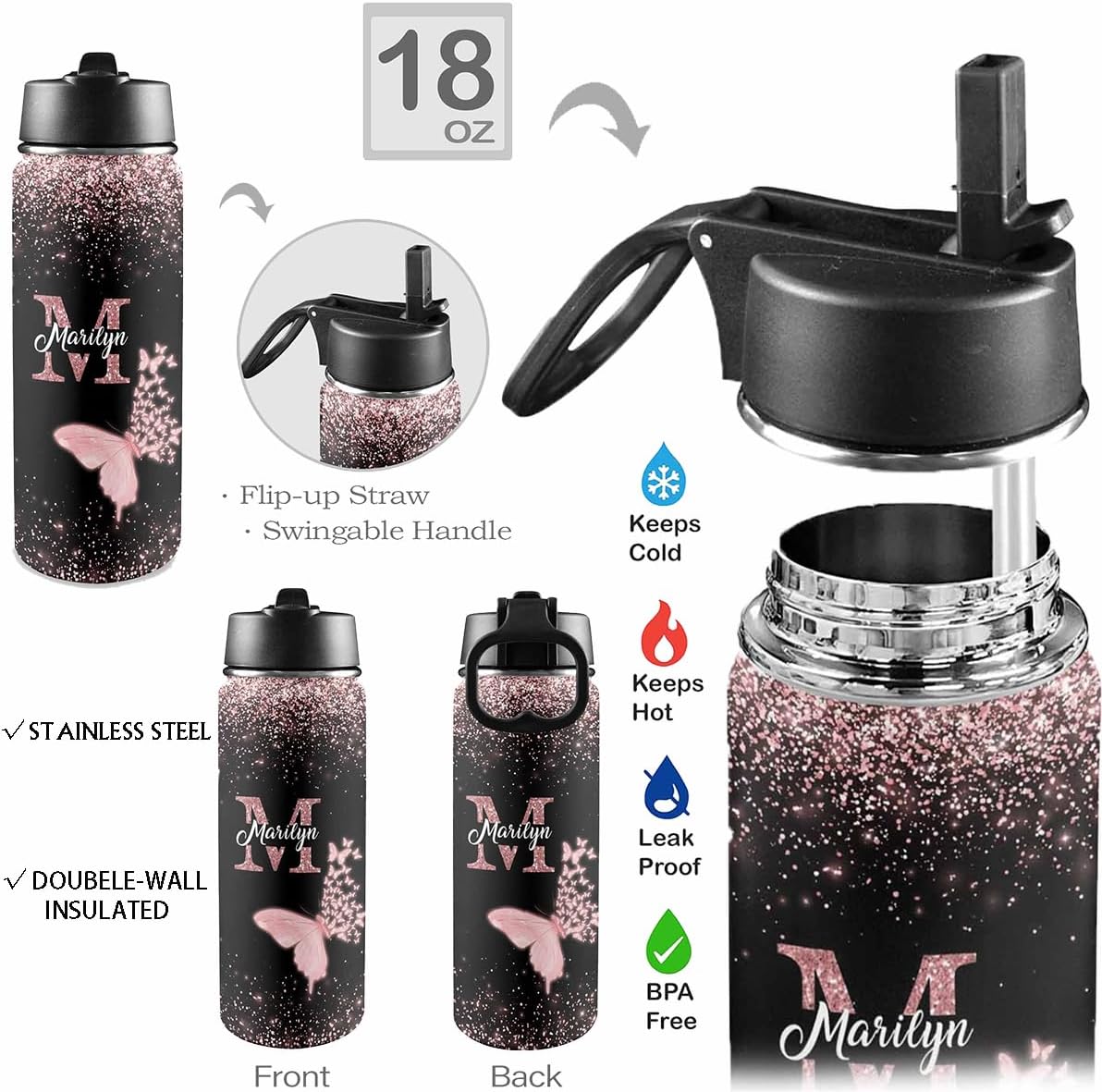 Custom Girls Insulated Water Bottle,Kids School Customized Water Bottle With Straw Lid Gifts For Girls Boys Woman Man - Image 5