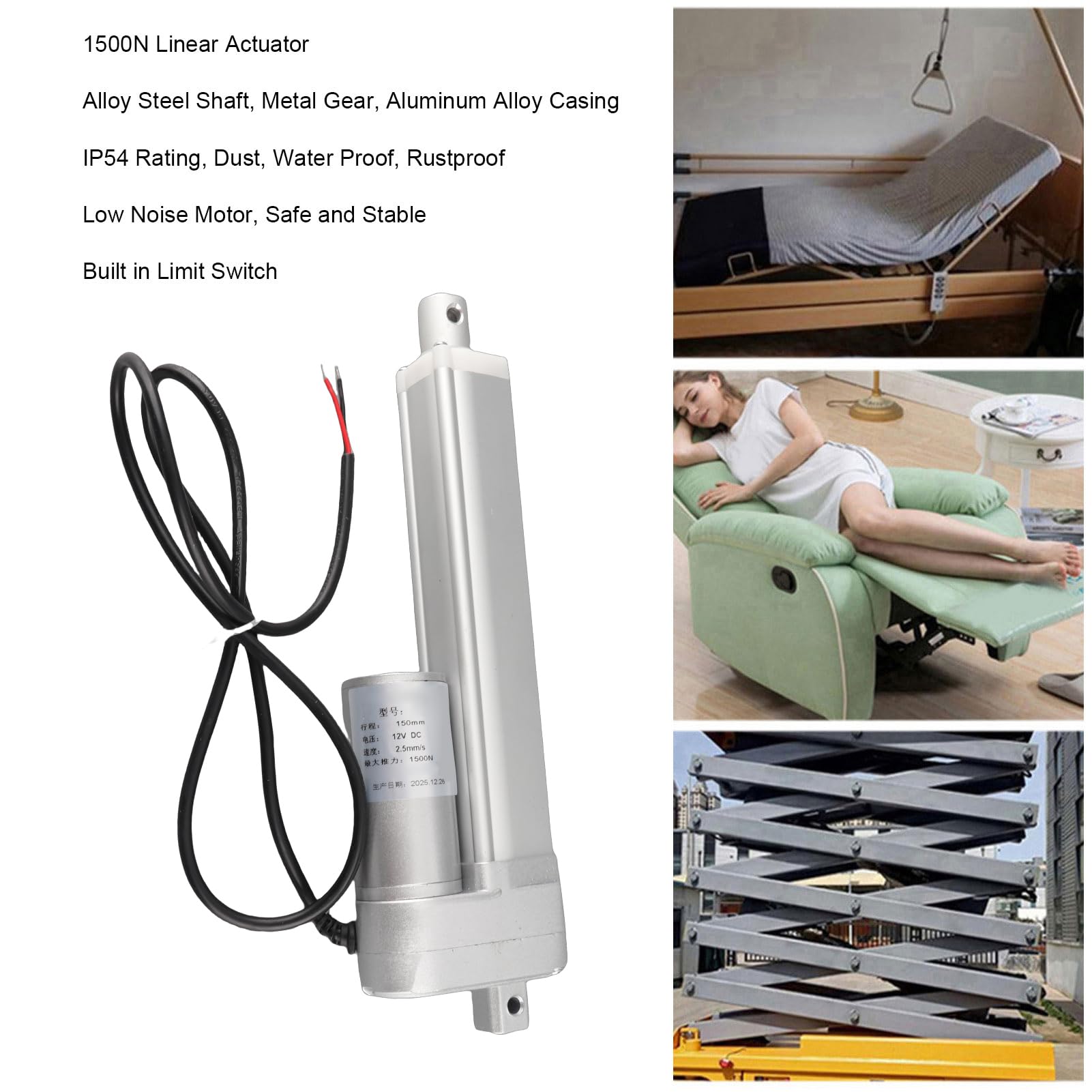 Generic Elektryczny Siłownik Liniowy o Dużej Wytrzymałości 1500N i Skoku 150 Mm do łóżka Elektrycznego, Sofy, Zestawu Kamerowego