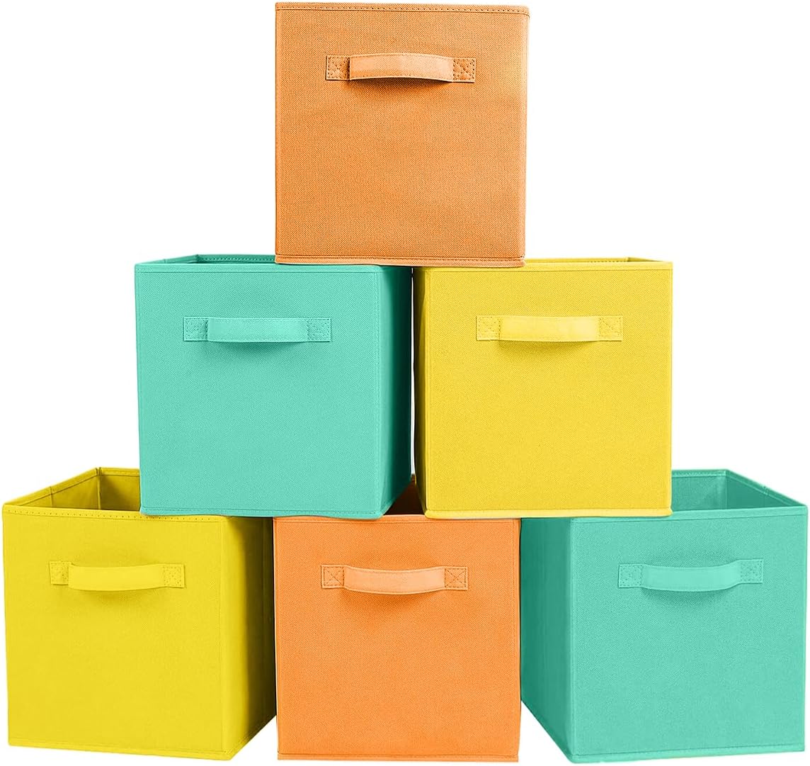 ShellKingdom Storage Bins, Foldable Fabric Storage Cubes and Cloth Storage Organizer Drawer for Closet and Toys Storage, 6 Pack (Mint Green+Orange+Yellow)