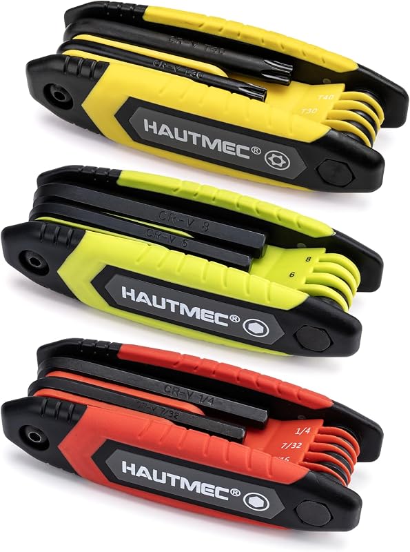 Kit de Chaves Allen Dobráveis HAUTMEC com 25 Peças, Métrico, SAE e Torx de Segurança, Conjunto com 3 Estojos