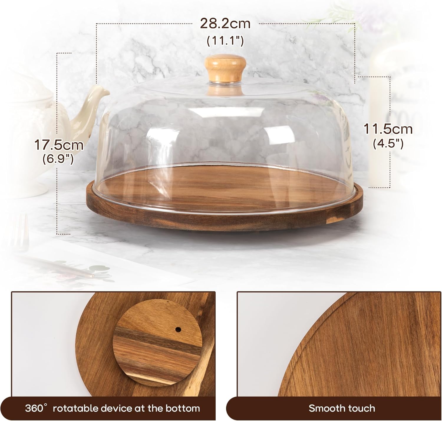 NWK Rotating Cake Stand with Acrylic Dome 11 Inch Acacia Wood Cake Turntable with clear cover for Birthday, Wedding, Party.