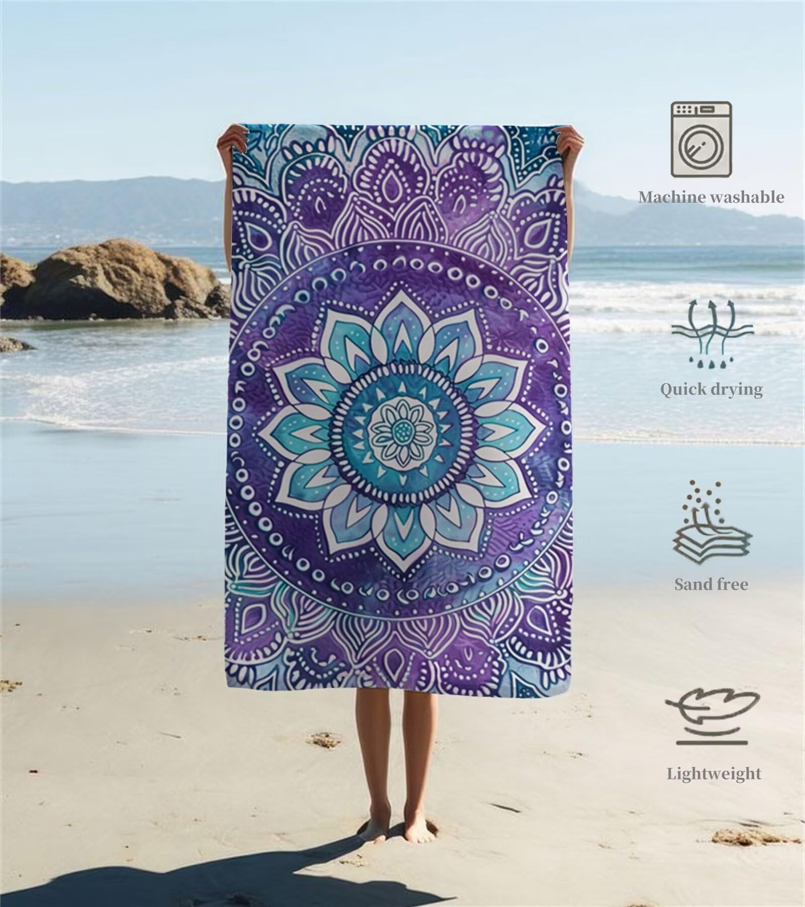 Ręcznik plażowy z mikrofibry 220 x 100 cm duży fioletowy ręcznik kąpielowy mandala mata plażowa anty piasek, ręczniki sportowe, szybkoschnące, kompaktowe i lekkie, do sportu, podróży, sauny, basenu Y1