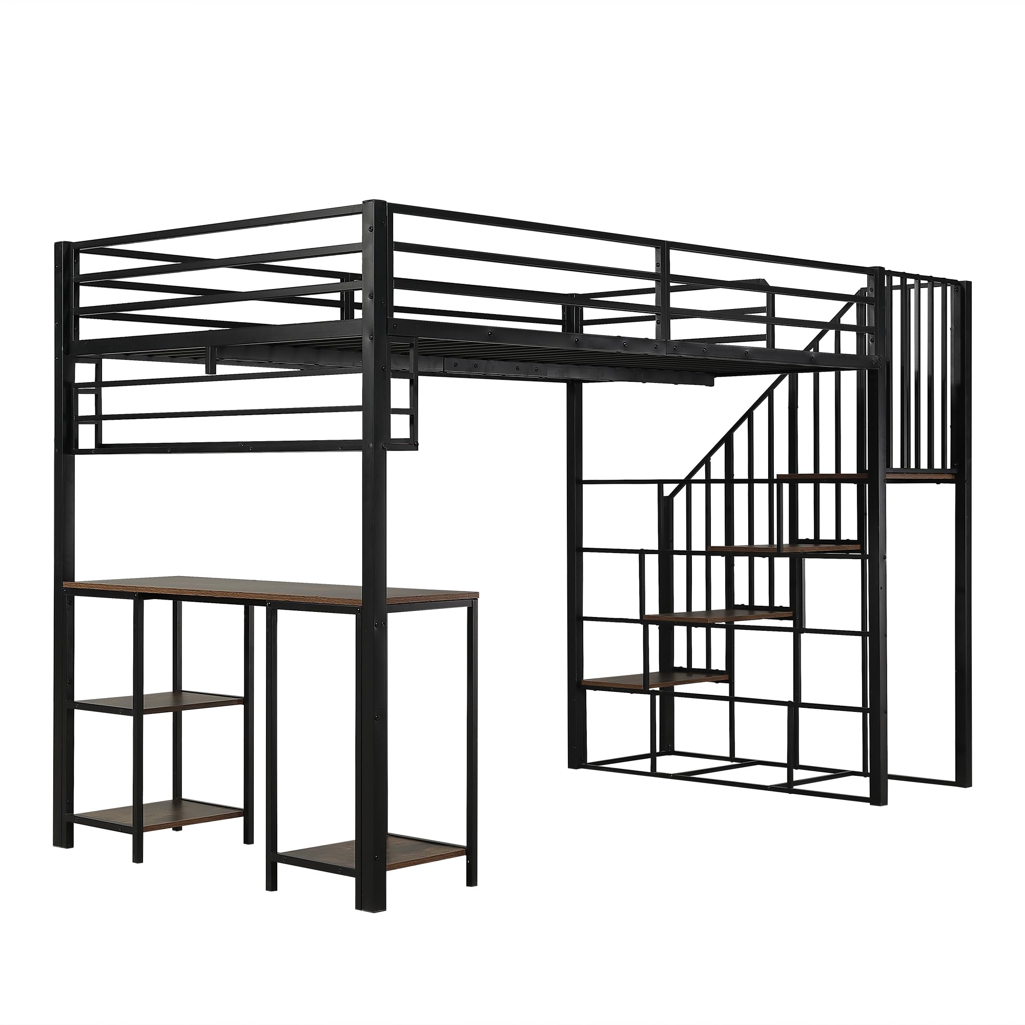 Letto in ferro 120 x 200 cm, letto a soppalco, scale con corrimano, con scrivania e scaffalatura, rete a doghe stabili, ferro + truciolato, nero+scuro