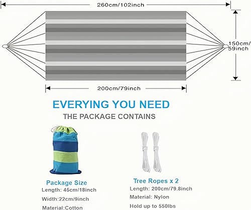 Miniatura 4 de KNC Hamaca de tela de jardín para acampar con correas de árbol para colgar hamaca duradera de hasta 550 libras, 2 personas, hamaca portátil
