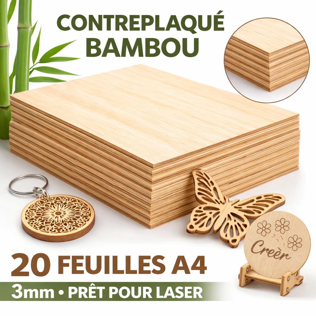 Lot de 20 Panneaux Contreplaqué Bambou A4 (29,7×21 cm, 3 mm) – Bois écologique pour Découpe Laser fort contraste, Gravure, Pyrogravure, Modélisme 3D et miniature, DIY et Peinture, Cadeau.