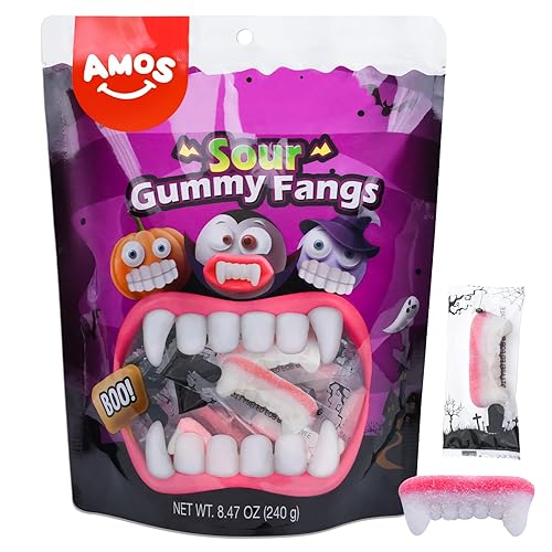 Amos Caramelos de Halloween de colmillos de gomita 4D, caramelos de dientes de gomita envueltos individualmente, 32 piezas, bolsas de truco o trato