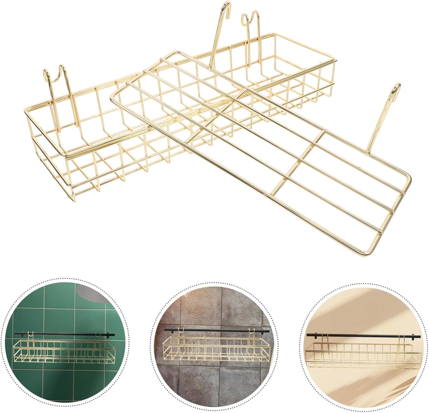 2pcs Wall Mounted Gold Wire Basket Hooks Grid Organizer for Home Decor Versatile Hanging Shelf for Cubicle Office Desk Storage