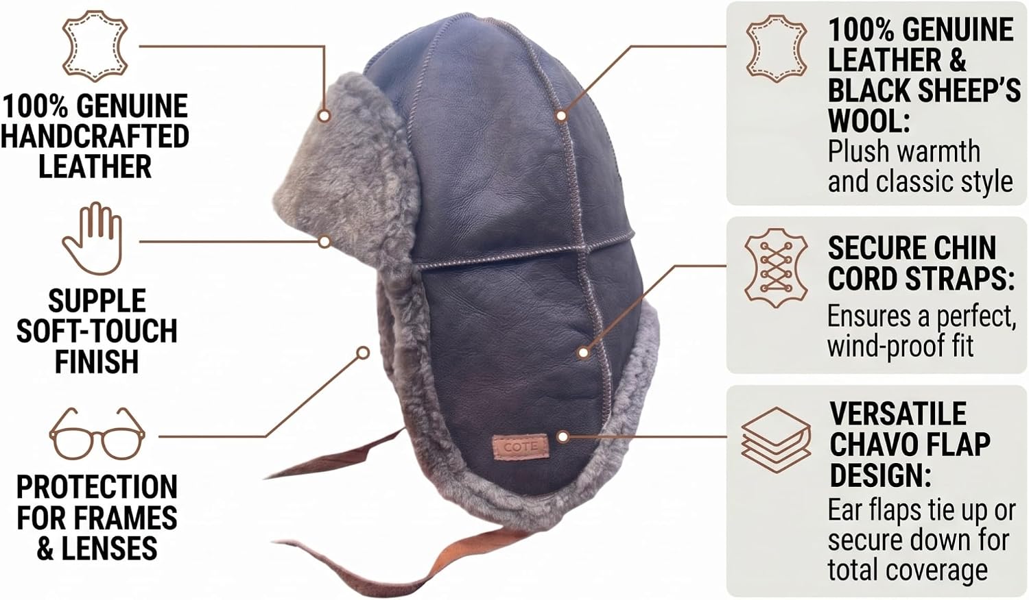 Genuine Sheepskin Leather Aviator Ushanka Trapper Hat – Real Fur Winter Cap with Ear Flaps for Men Women