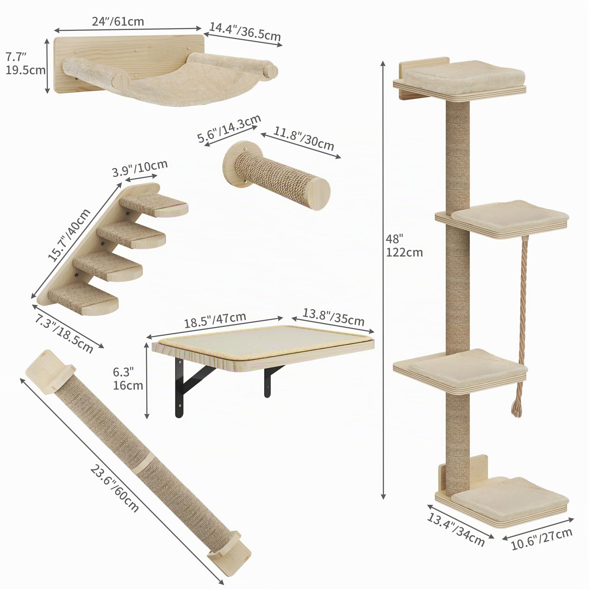 YITAHOME 7PCS Estante de Escalada para Gatos Montado en La Pared con 3 Postes Rascadores/Escaleras de 4 Escalones/Hamaca/Cama para Gatos, Árbol para Gatos Montado en La Pared con 4 Plataformas