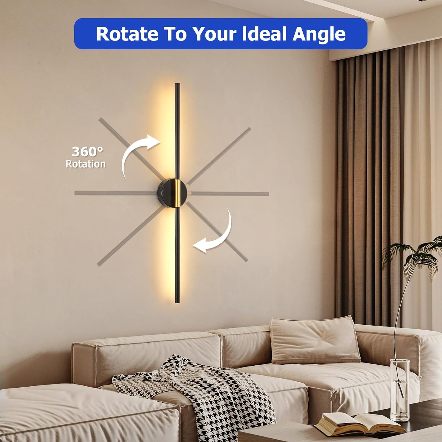 JOOSENLUX Battery Operated Wall Sconces Set of 2 – Gold & Black LED Wall Light, Dimmable, Remote‑Control, Adjustable Arm, Cordless Aluminum Modern Art Lamp