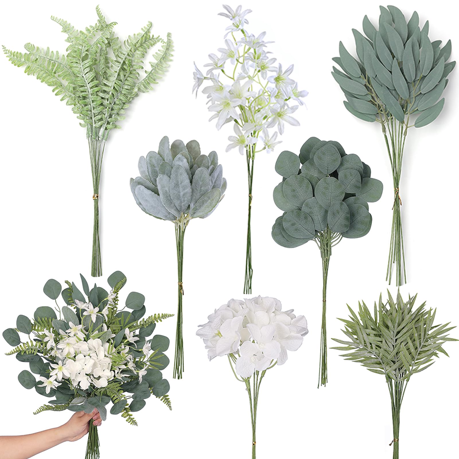 FOTEEWL 70 Pcs Artificial Greenery Stems Box Set with 7 Kinds of Faux Plants and Fake Flowers for