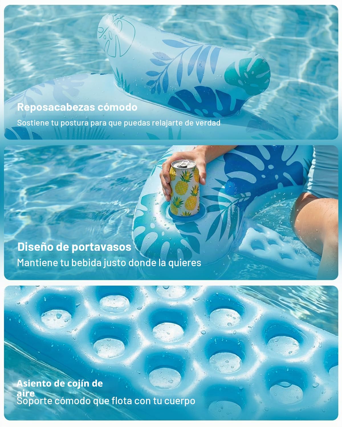 SOLAVERO Flotadores Piscina Adultos, Sillon Hinchable, Silla Flotante con Portavasos & Asa, Asiento Agua de Verano para Relajarse, Leer y Fiesta en la Piscina
