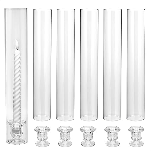 Miniatura 10 de CHILL RECIPE Juego de 6 portavelas de cristal Hurricane, con tapas cilíndricas transparentes de 14 pulgadas de alto para mesa de boda, centro