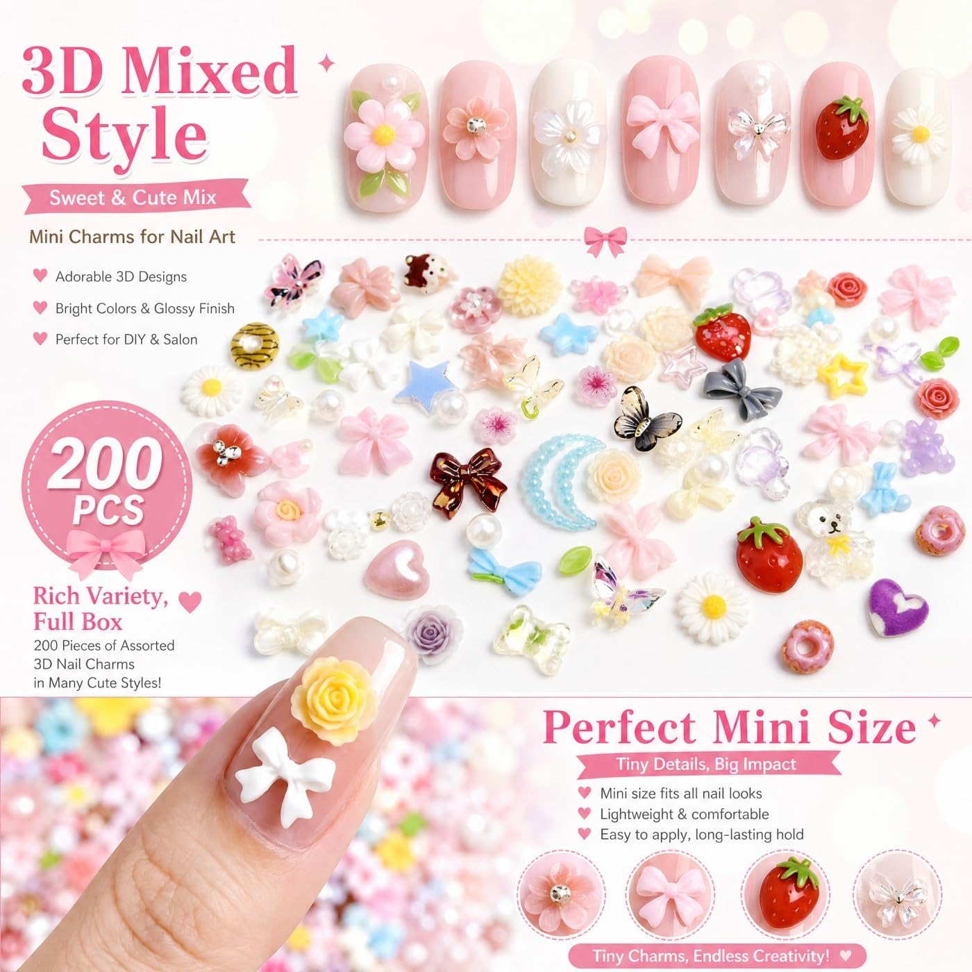 200PCS 3D Resin Nail Charms Set Mixed Shapes Kawaii Flatback Gems Bows Roses Stars Hearts Bears Pearls for DIY Nail Art Jewelry Design