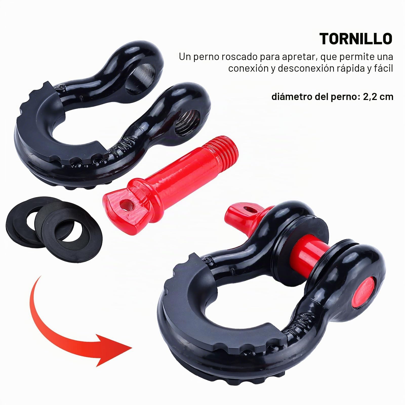 FreeTec 4 pzas Grilletes 4x4, 4,75T 3/4" Grillete de Acero Galvanizados con Pasador, Grilletes Remolque Eslingas Grillete Rescate 4x4 para Jeep Automóvil Camión (Negro y Rojo)