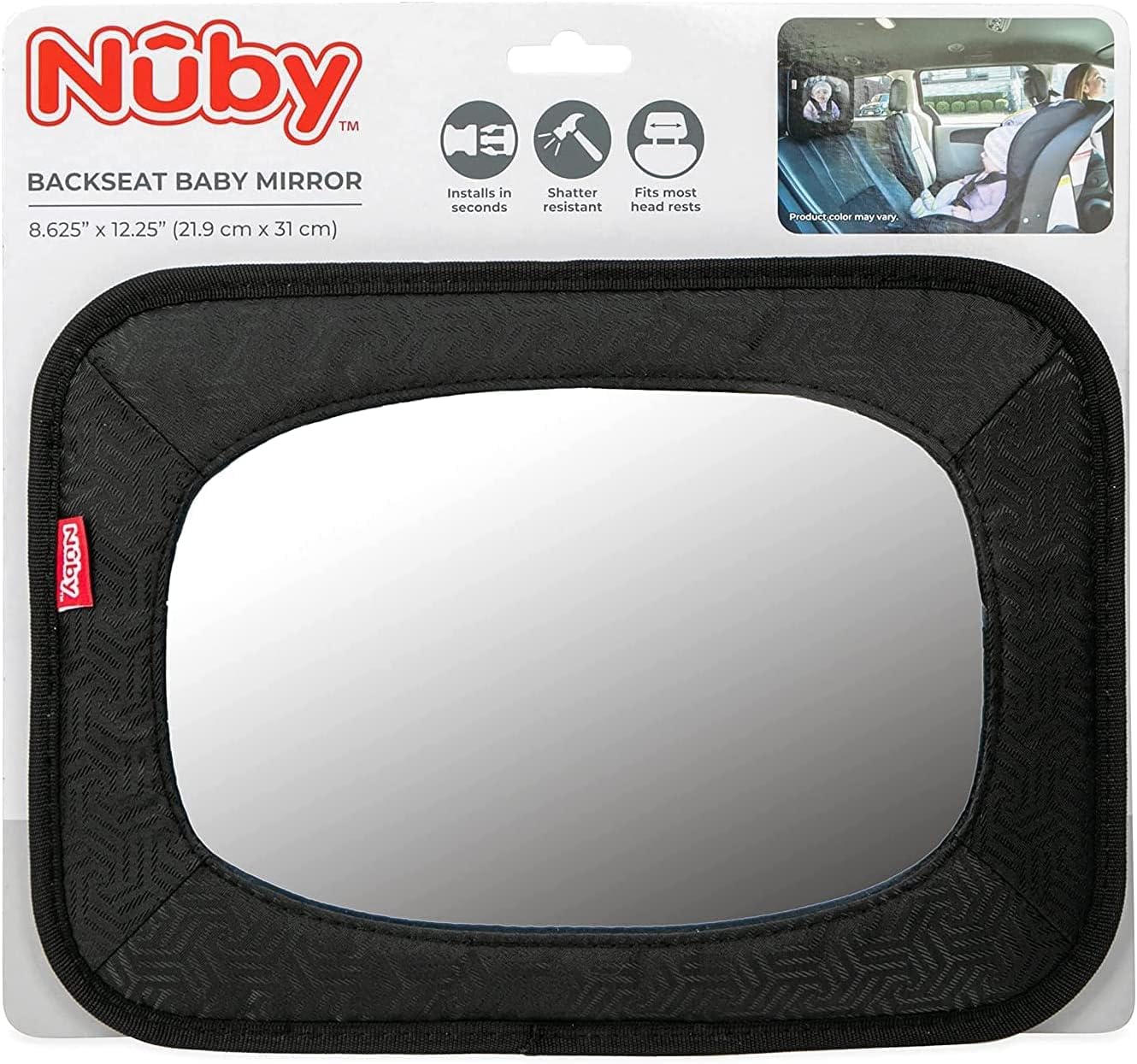 Nuby Car Mirror for Baby - Back Seat Baby Mirror with Fully Adjustable Straps, Shatterproof, Installed in Seconds, Black