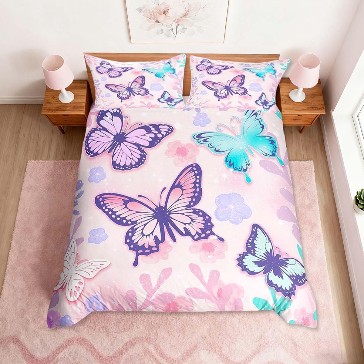 Homemissing Butterfly Duvet Cover Set King Size For Kids Girls Butterflies Print Pink Bedding Set Girl Butterfly Floral Duvet Cover with 2 Pillowcases