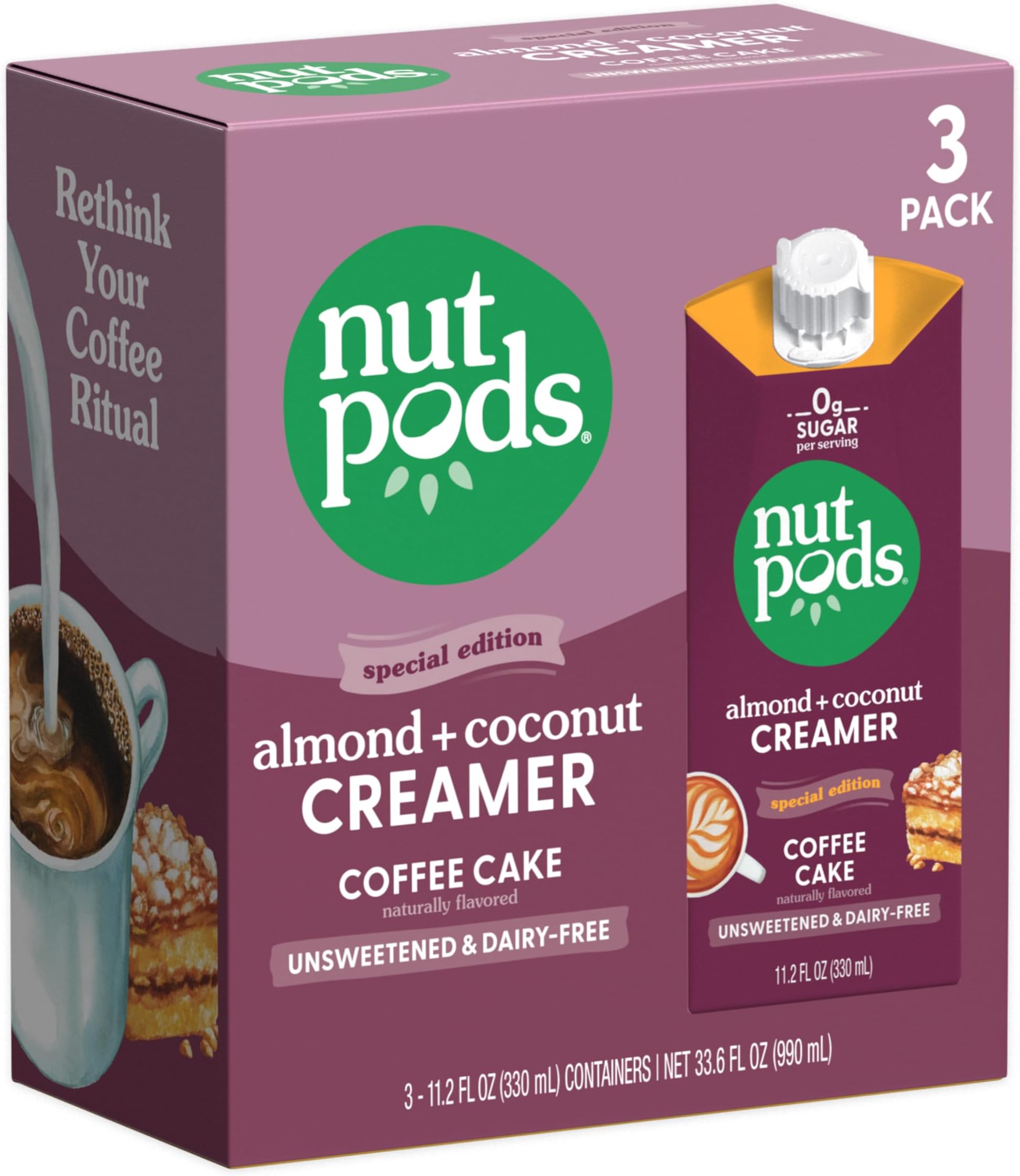 nutpods Coffee Cake Coffee Creamer - Unsweetened Non Dairy Creamer Made from Almonds and Coconuts - Keto, Whole30, Gluten Free, Non-GMO, Vegan, Sugar Free, Kosher (3-Pack)