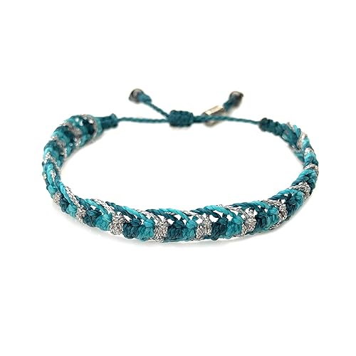 Woven Braided Fishtail Rope Bracelet in Teal, Aqua and Metallic Silver Cord with Hematite Stones - Handmade Drawstring Size Adjustable Waterproof