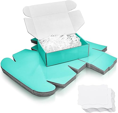 Miniatura 1 de Paquete de 12 cajas de regalo pequeñas y medianas de color verde azulado para pequeñas empresas con 24 tarjetas de regalo en blanco y rellenos de