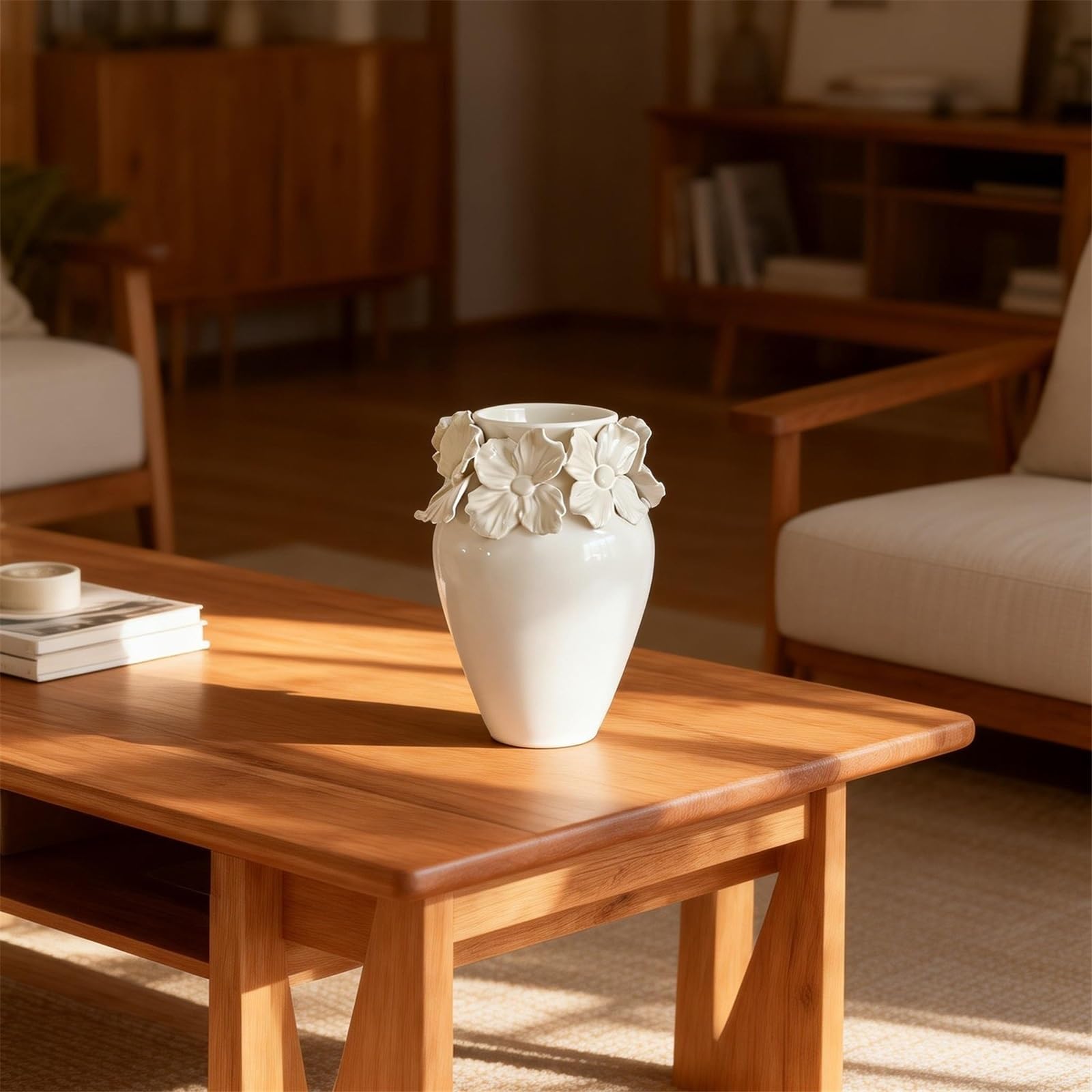 Vasen Weiße Keramikvase mit 3D-Blumenakzent