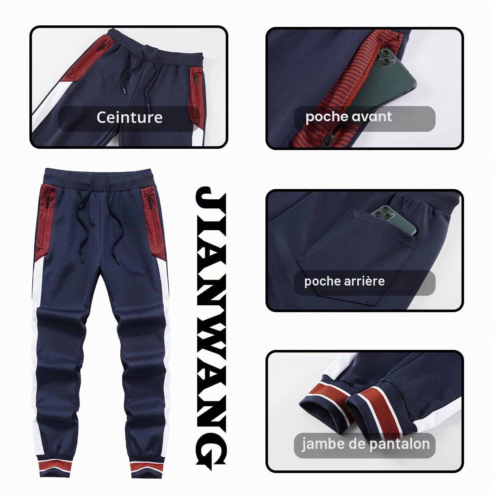 W JIANWANG Survêtement de sport pour hommes, avec manches longues et fermeture éclair, pour le fitness, le jogging