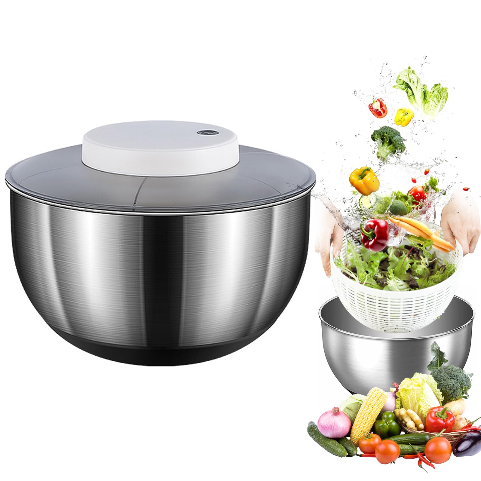 Essoreuse à salade, en acier inoxydable, 4,5 l, avec essorage automatique, fond antidérapant et rechargeable par USB, séchoir à fruits/légumes avec couvercle, grande salade spinner pour salade