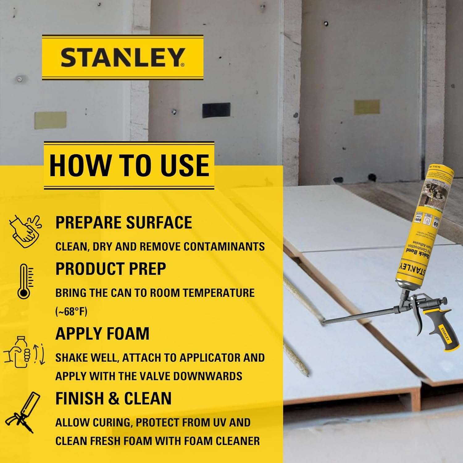 Stanley FA192P Quick Bond Pro Adhesive Foam (12x24oz) | Heavy Duty Polyurethane Foam Adhesive for Construction, Insulation Panels, Concrete, Wood, Metal, Fast Cure, Gun NOT Included | 12 Pack
