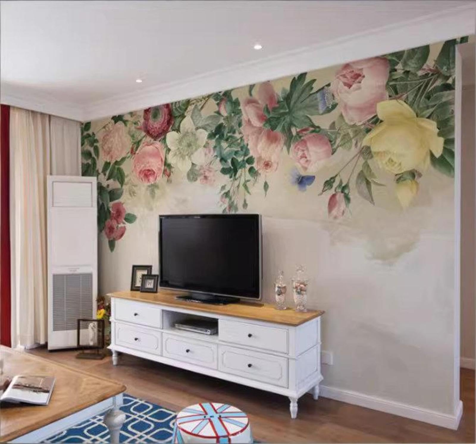Hand Drawn Fresh Beautiful Roses Butterflies 3D Wallpaper Easy Install Feature Office Living Room Sofa Bedroom TV Background Wall Decoration-200cm×140cm