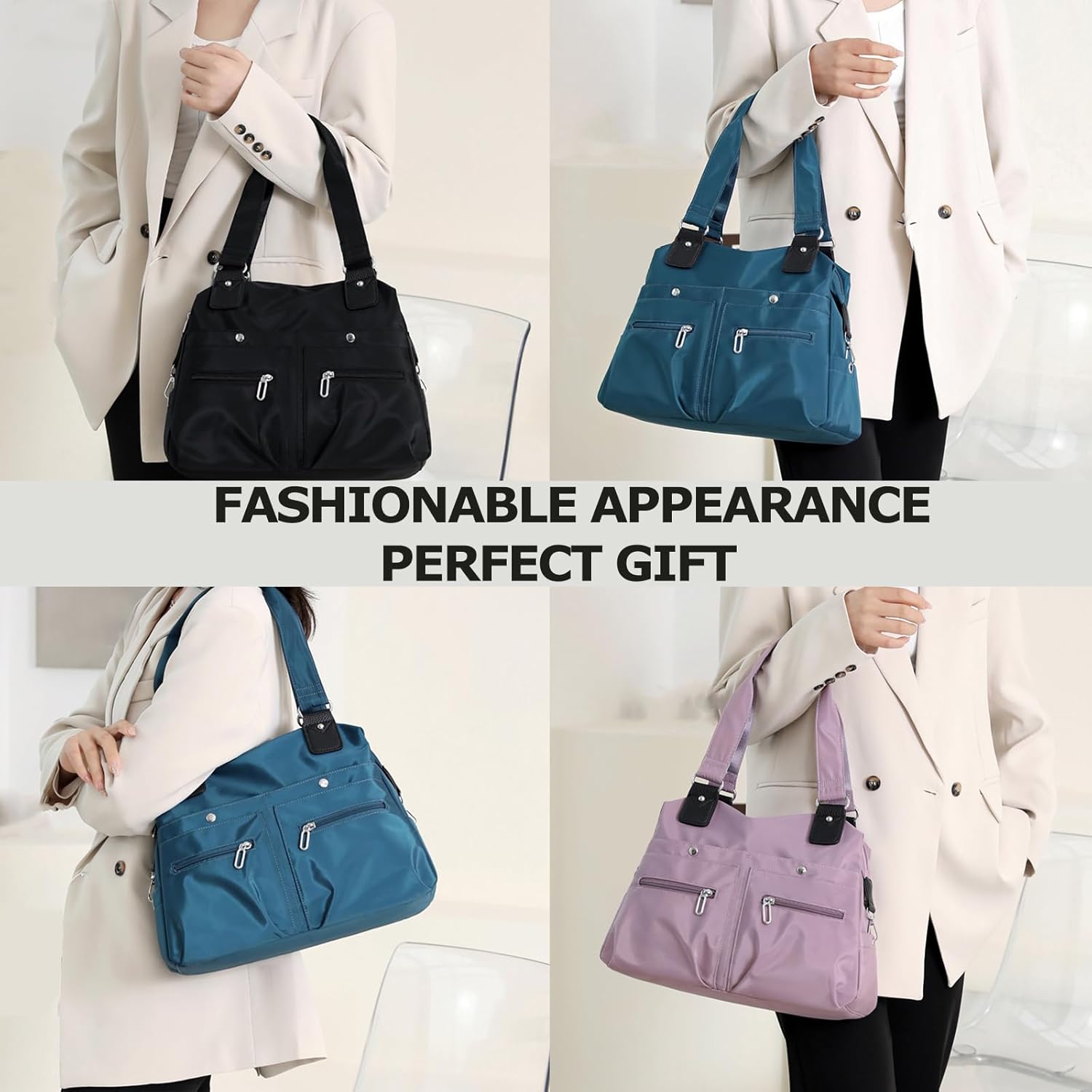 Large Capacity Lightweight Waterproof Multi-Pocket Nylon Shoulder Bag with Zipper, Crossbody Travel Messenger Bag