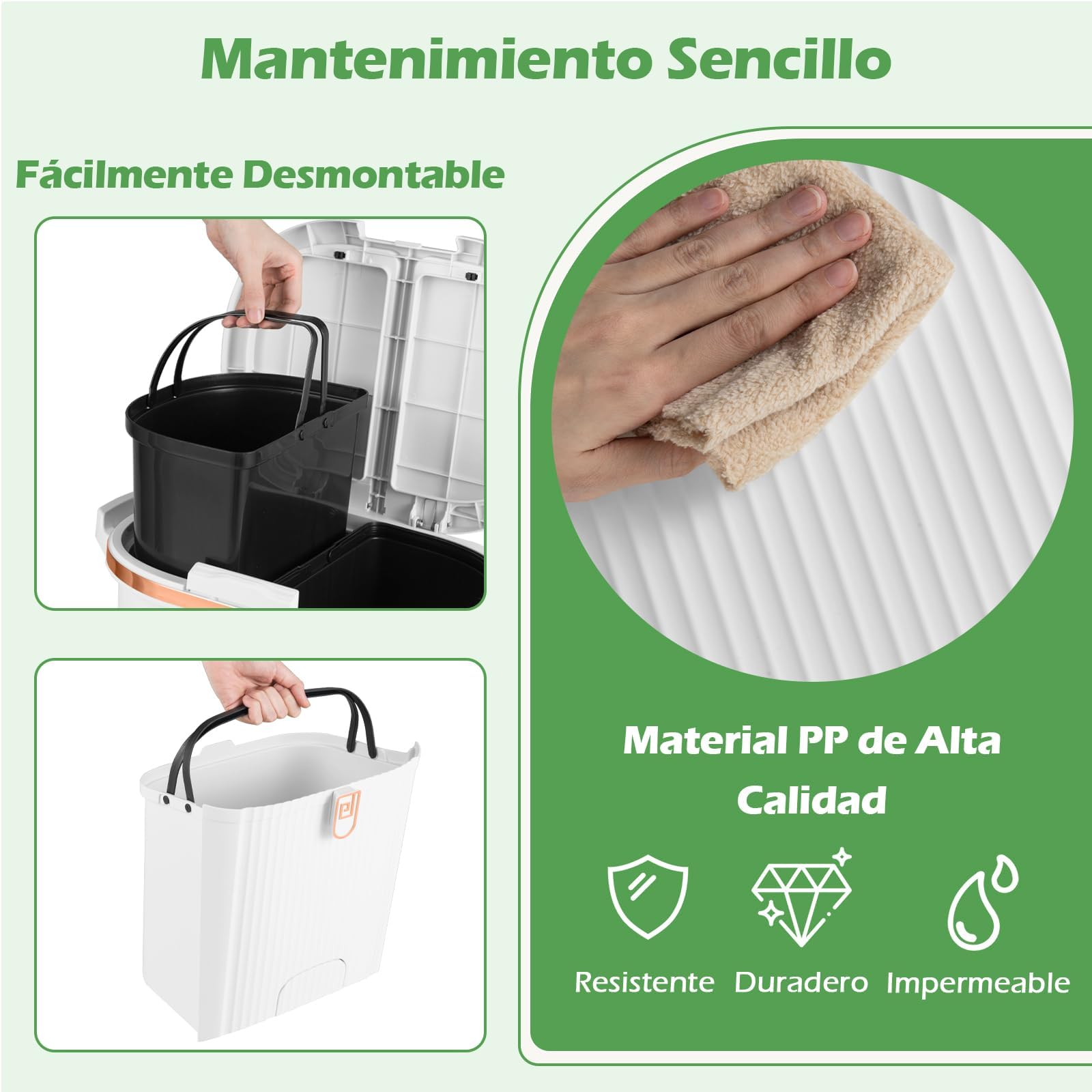 COSTWAY Cubo de Basura Cocina 38L (12+12+14L), Cubo de Basura de Reciclaje con 3 Compartimentos, 2 Cubos Extraíbles, Pedal y Ruedas, Papelera de Reciclaje con 2 Tapas Separadas, 43x29x75 cm (Blanco)
