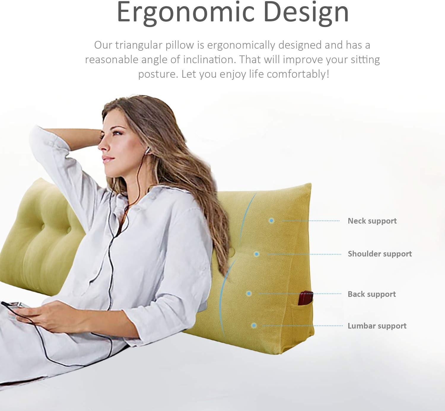 WOWMAX Wedge Body Positioners Pillow Reading Bedrest Throw Pillows Bolster Headboard Back Support Lumbar Cushion Pillow for Daybed with Removable Cover Linen Cotton Blend Pale Yellow California King
