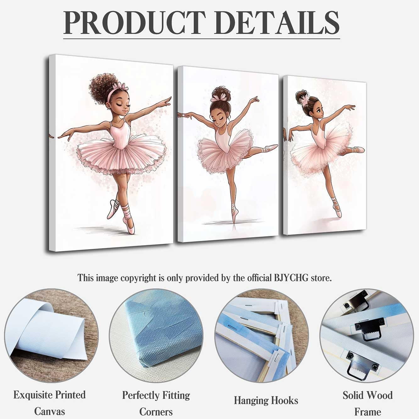BJYCHG Black Ballerina Wall Art Pink Nursery Pictures Set of 3 Black Girl Posters African American Canvas Prints Ballet Dancer Paintings for Girls Bedroom Room Decor (12x16inx3 Pieces)
