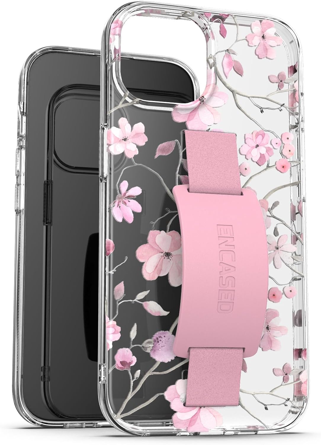 ENCASED Finger Loop Case, Designed for iPhone 15 Pro Max (2023) Cute Floral Hand Strap Cover with Silicone Grip Phone Holder (Clear/Pink Flowers)