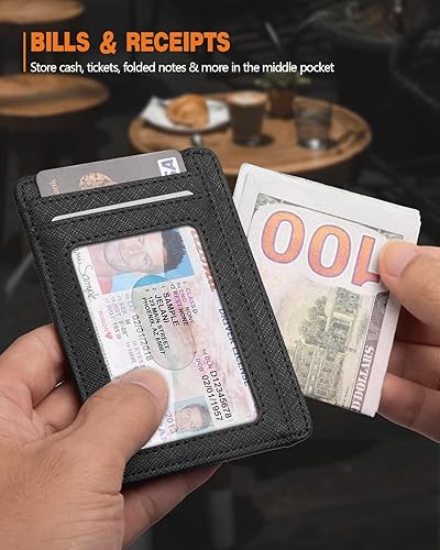 Miniatura 6 de RFID - Cartera de bolsillo frontal de piel auténtica con cierre magnético, delgada y minimalista, para hombres y mujeres, M, Líneas cruzadas negras