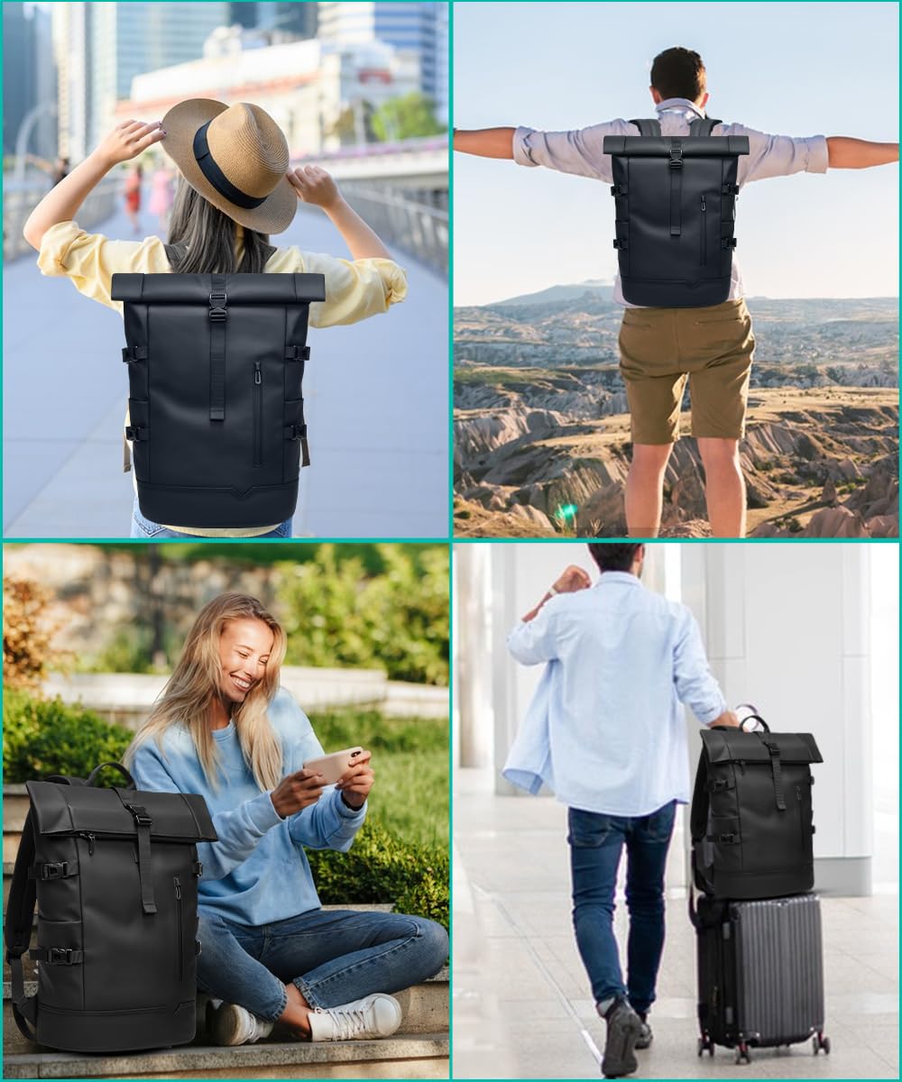 Mochila Enrollable Impermeable Mochila Ordenador Portatil 15 Pulgadas Antirrobo Mochila Hombre Casual para Viaje Ciclismo Escuela Deporte-Negro