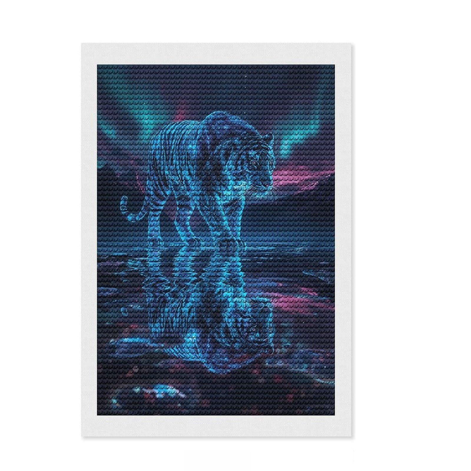Junmoney Celestial Tiger Reflection Full Drill Diamond Painting Kit 8"x12", Satisfying Creative Project, Finish and Display, Stress Relief Craft