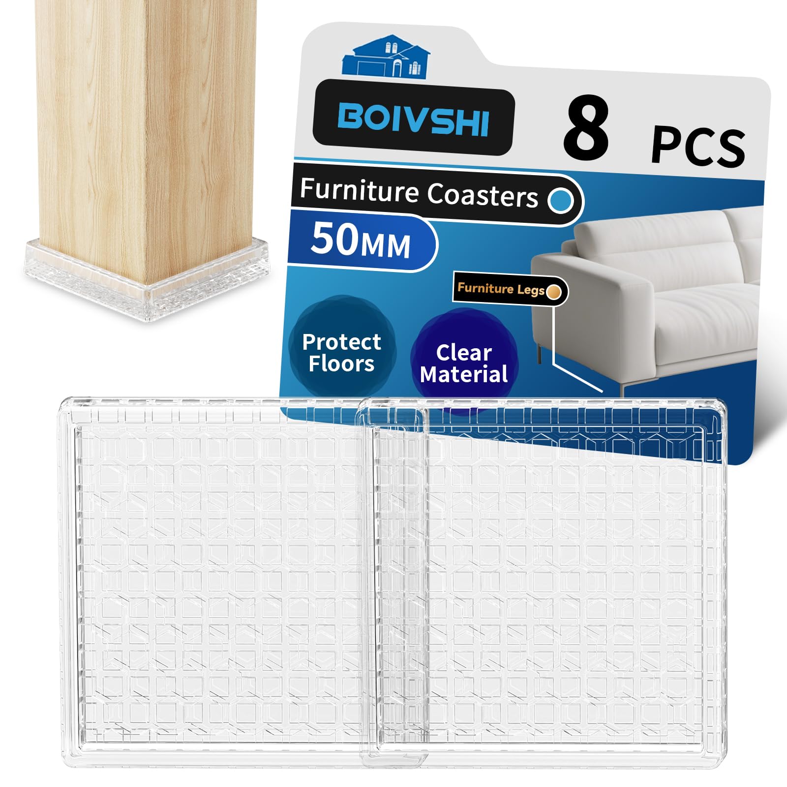 50mm Square Carpet Protector Cups, 8PCS Trasnparent Furniture Coaster, Clear Castor Cups, Sofa Leg Floor Protectors