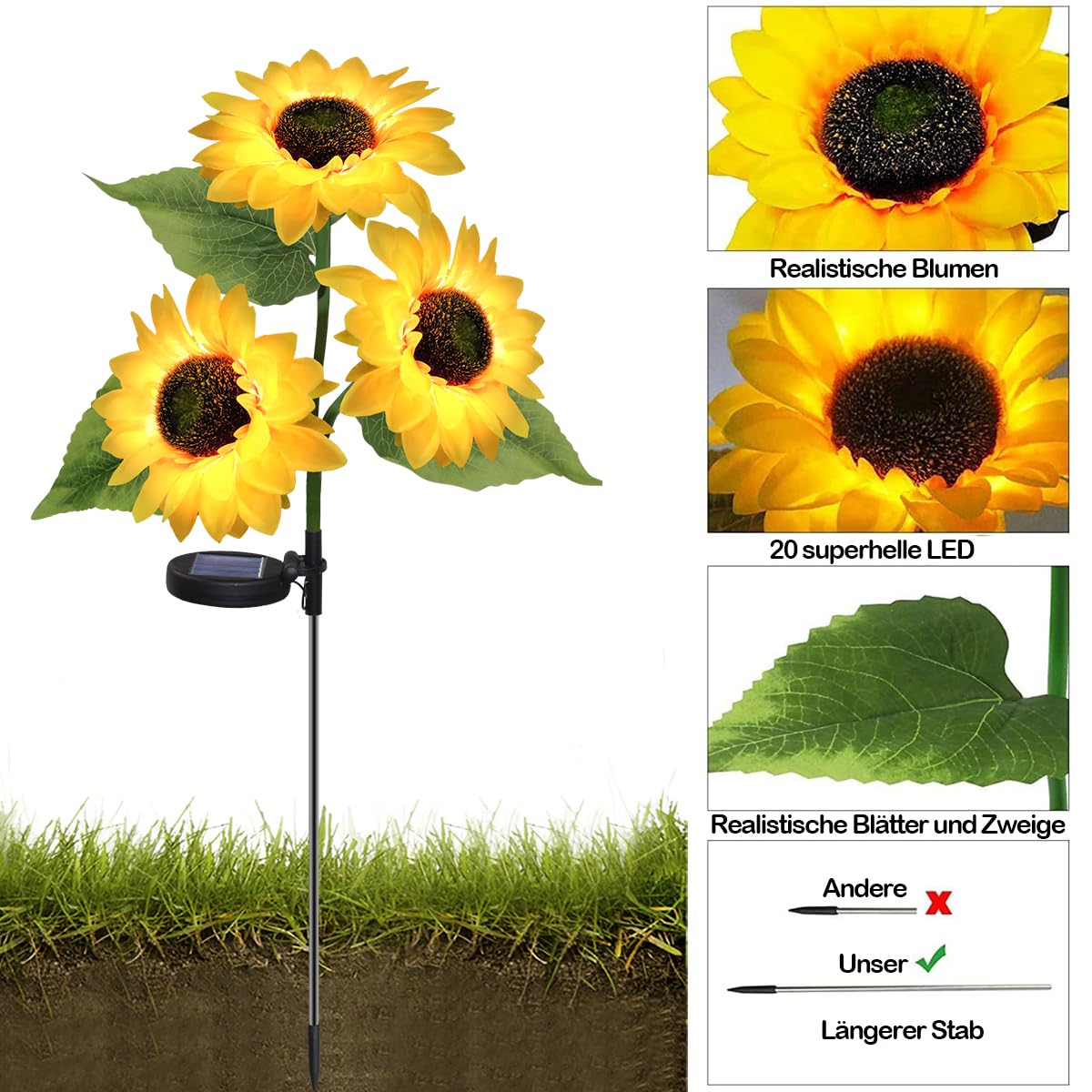HELESIN Lampy solarne do ogrodu, na zewnątrz, z 3 słonecznikami i 20 diodami LED, wodoszczelność IP65, kwiaty solarne do użytku na zewnątrz, dekoracja ogrodowa na zewnątrz, prezent na Dzień Matki