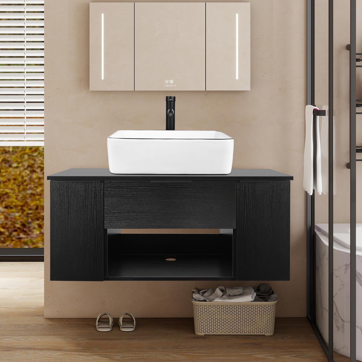 28 Inch Black Floating Bathroom Vanity with 2-Door and 1-Drawer, Modern Wall Mounted Cabinet Without Sink