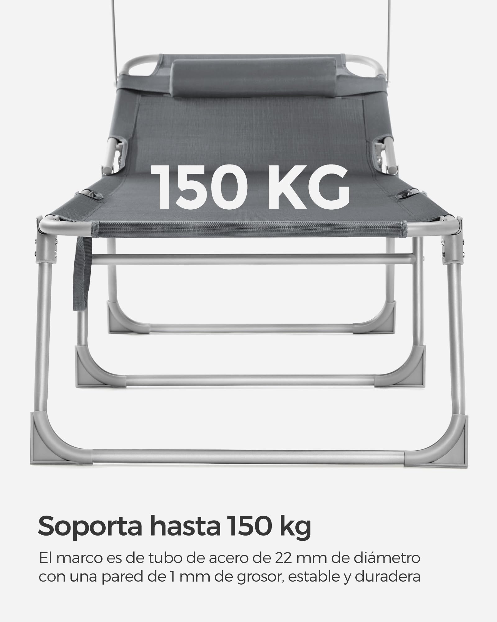 SONGMICS Tumbona, Tumbona Reclinable, 193 x 53 x 29 cm,Carga de 150 kg, con Reposacabezas de Protección Solar y Respaldo Reclinable, para Terraza, Piscina, Jardín, Gris Oscuro GCB19UV1