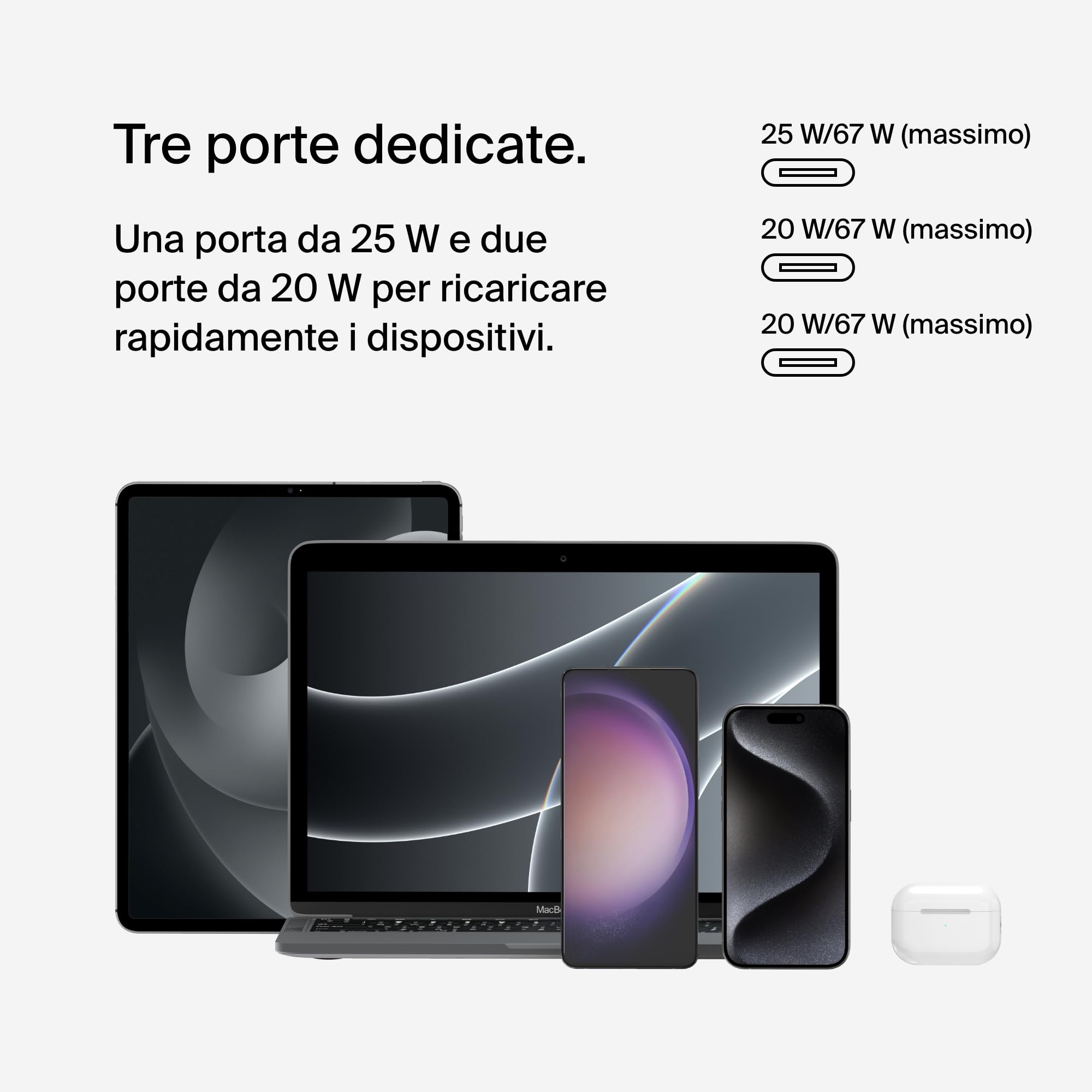 Belkin BoostCharge Caricabatteria da parete a 3 porte USB-C con PPS da 67 W, caricabatteria rapido per iPhone 16, MacBook Pro, AirPods, Samsung Galaxy e altri dispositivi con Power Delivery - Bianco