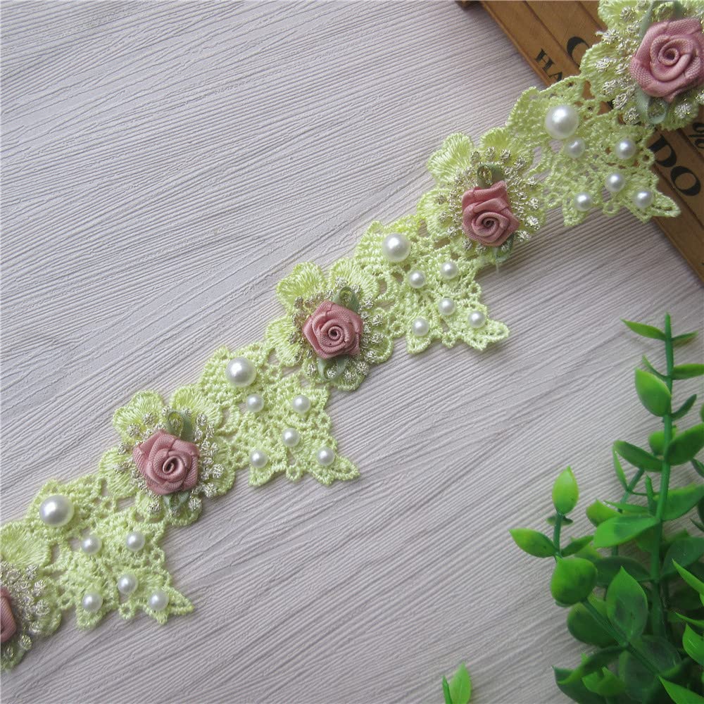 2 Yards Vintage Style Pearl Rose Flowers Embroidered Lace Trim Fabric Floral Appliques Lace Ribbon Bridal Ornaments Handmade DIY Sewing Supplies Craft for Costume Hat Decoration 1.96" Wide (Yellow)