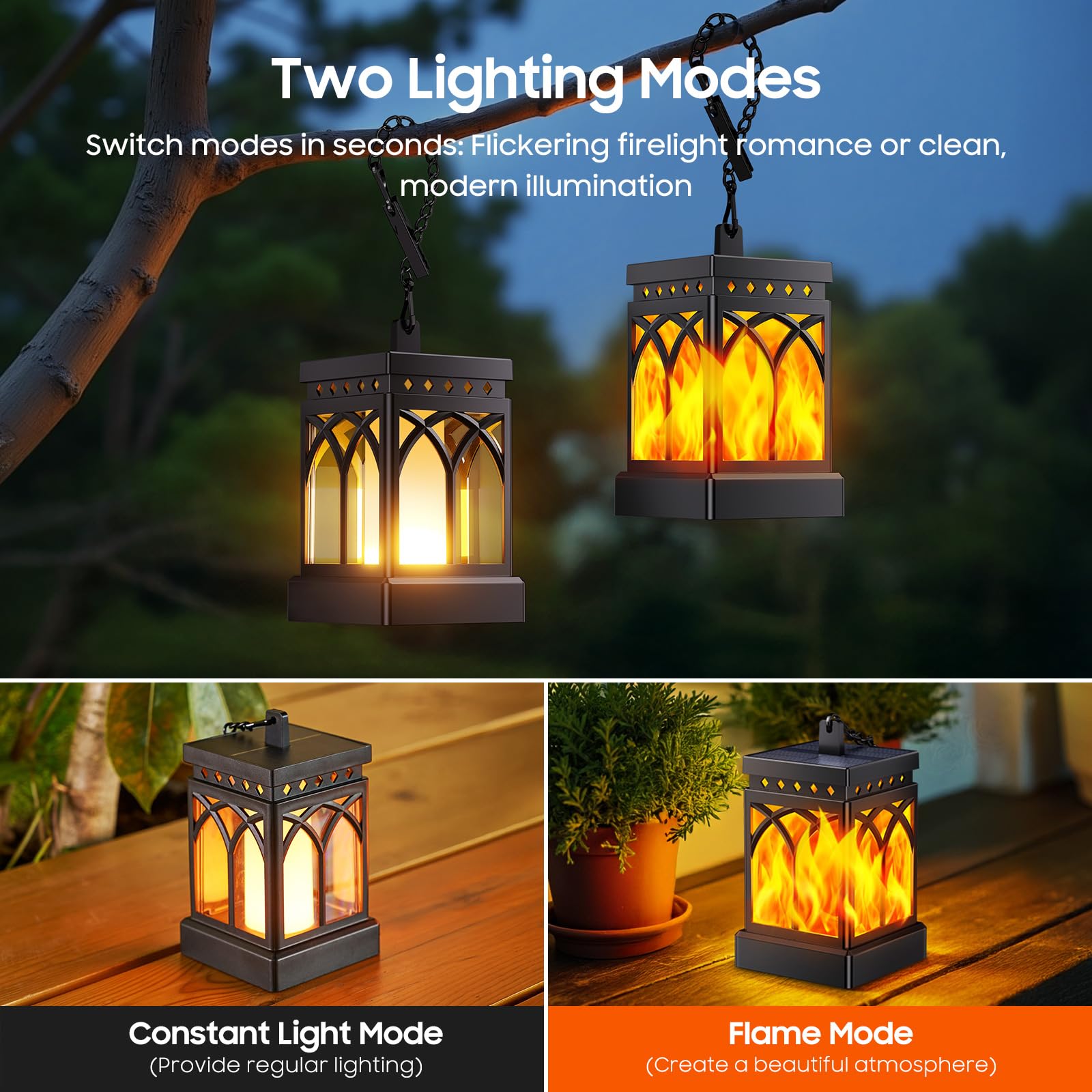 KOOPER Lot de 6 lanternes solaires d'extérieur étanches, modes de flamme vacillante améliorés + modes constants à suspendre pour l'extérieur, lanternes décoratives d'extérieur pour table de jardin