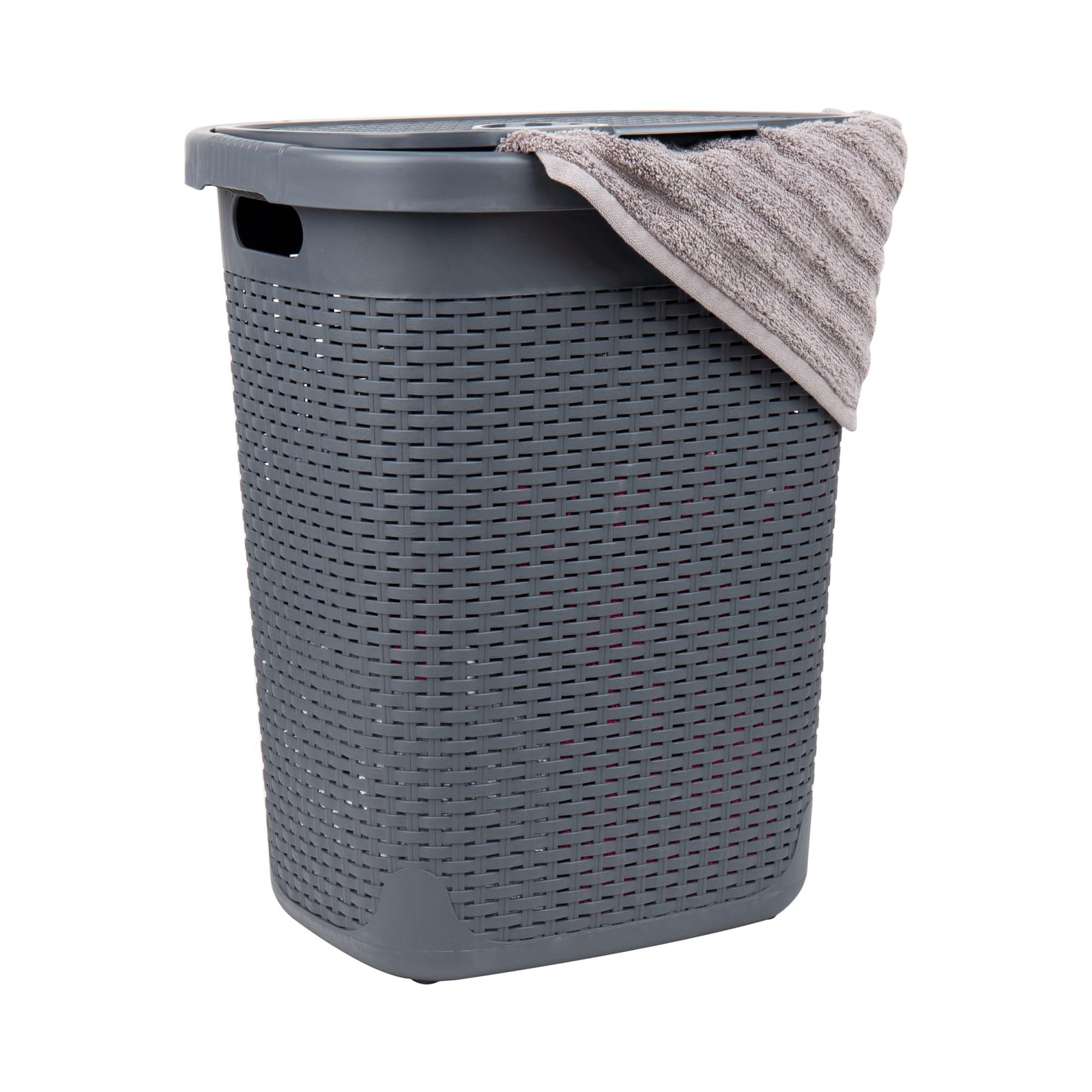Mind Reader 50L Slim Laundry Hamper, Clothes Basket, Lid, Wicker Design, Plastic, 17.65"L x 13.75"W x 21"H, Gray